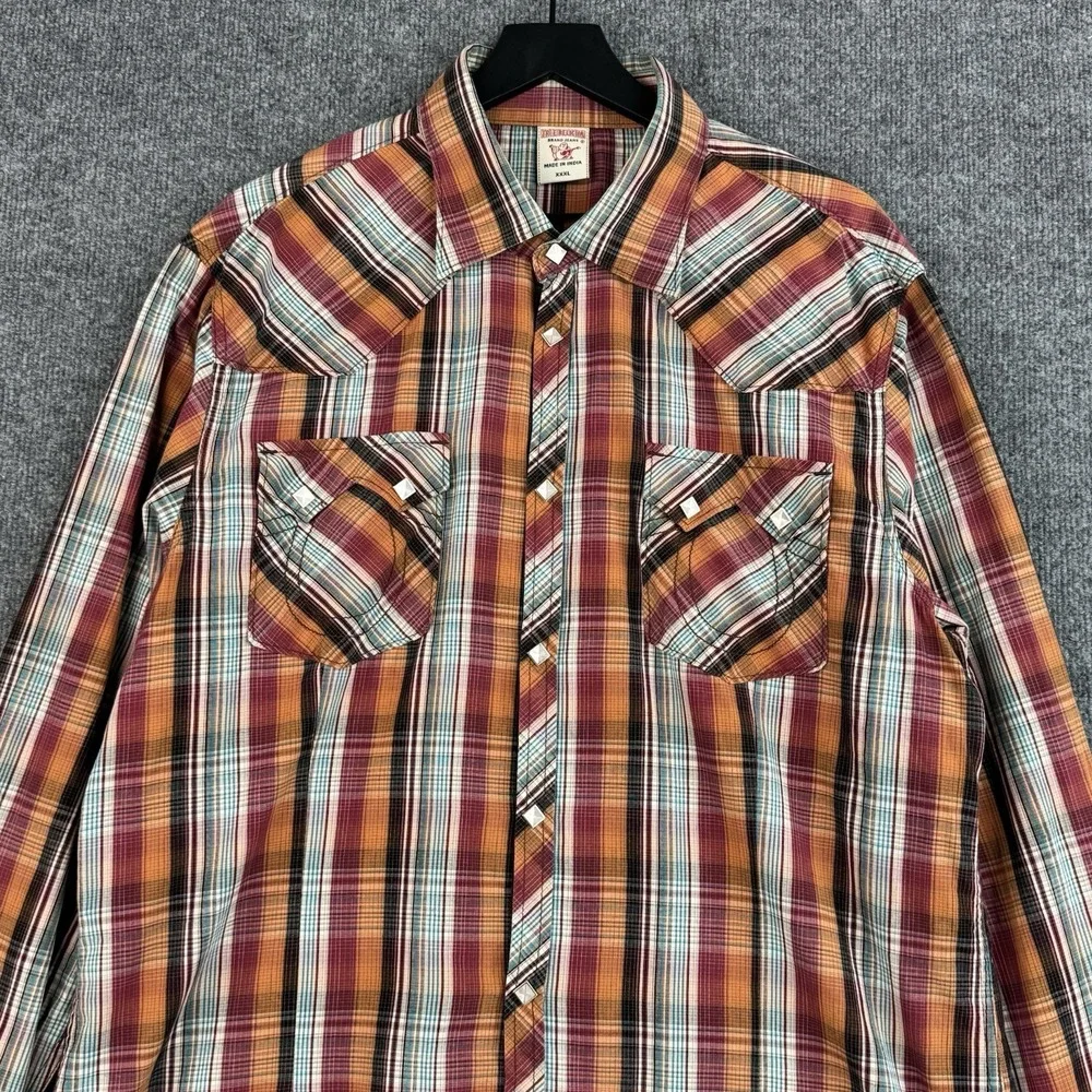 True Religion Western Button Up Shirt Mens 3XL Multi Plaid Diamond Pearl Snap